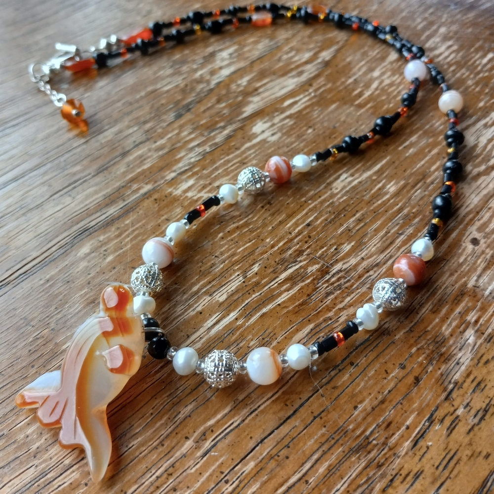 Handmade Carnelian Crystal Beaded Necklace!!!! Cute Carnelian Goldfish Pendant!!